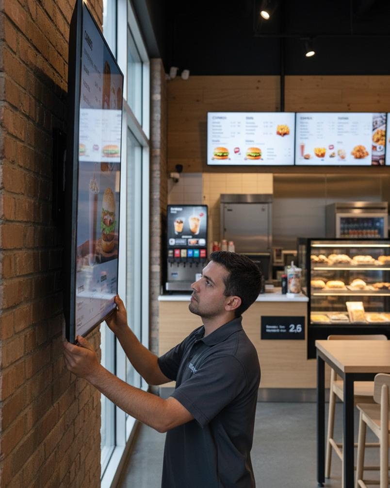 Technician installing a digital display in a restaurant