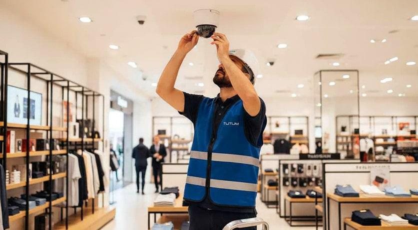 Security camera technician working